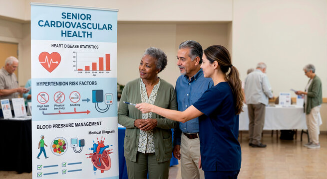 Healthcare professional explaining cardiovascular health infographic to senior couple. Nurse educating elderly patients on heart disease and blood pressure management