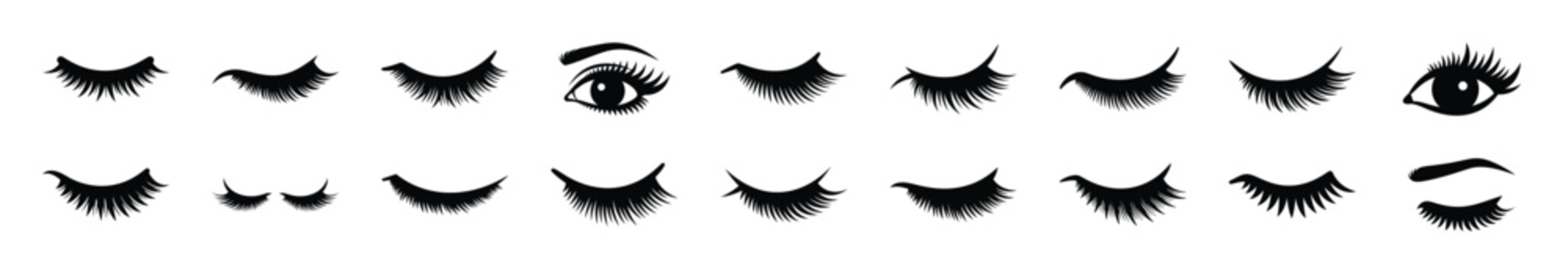 Minimalist female eyelash extension silhouette icon set, women view and beauty vector icons