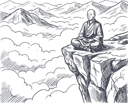 zen monk meditating on a mountain cliff surrounded by clouds hand drawn style black fill illustration with no white fills