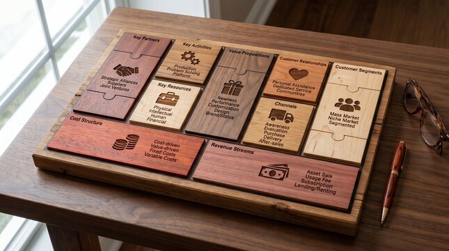 Executive-level wooden mosaic board representing a complete Business Model Canvas concept