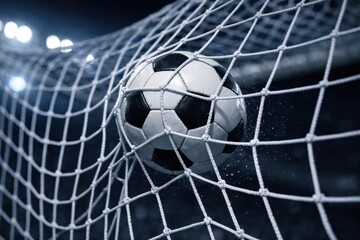 Fototapeta premium Soccer Ball Hitting Back Of Goal Net After Powerful Shot. Close Up Of Football Scoring Goal With Net Stretching On Stadium Pitch. Football World Cup Concept. Soccer World Cup Concept With Copy Space.