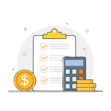 Financial checklist with calculator and coins