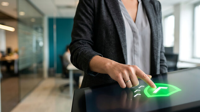 Businesswoman using a digital touchscreen in a modern office environment