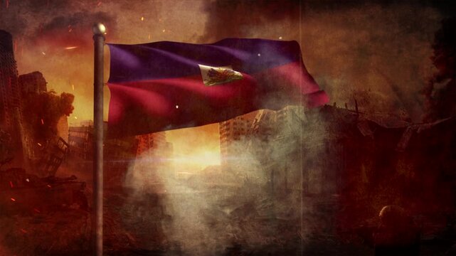  Haiti Flag with Cinematic Apocalypse Scene and Burning City