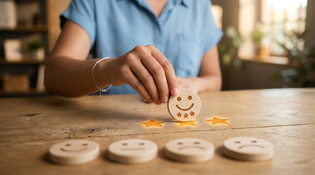 Customer satisfaction concept with a person placing a happy face icon on a wooden table with star ratings