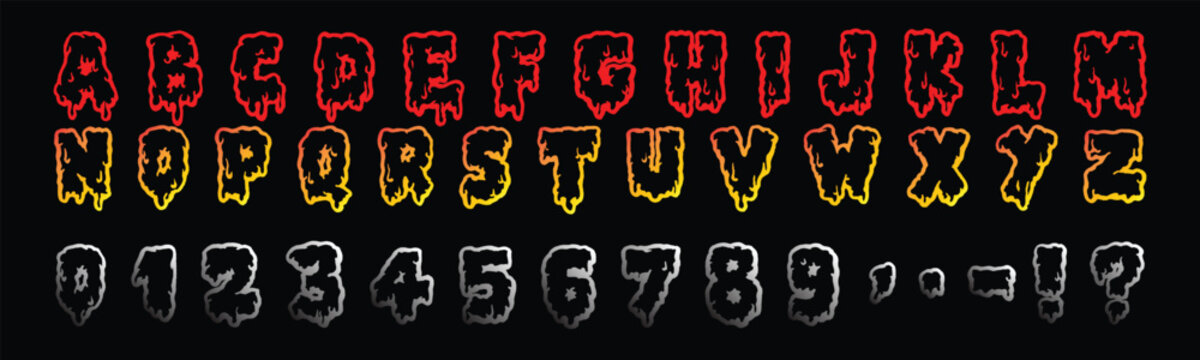 Flame Style Alphabet Font Set with Numbers and Symbols. Bold Fire Inspired Typography Collection for Gaming and Branding. Dynamic Lettering Design