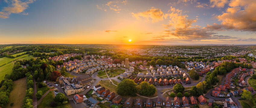 Drone view of Cane Hill estate, chapel and water tower in Coulsdon