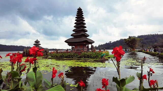 Pagoda at Beratan Water Temple on cloudy day in Bali, Indonesia 