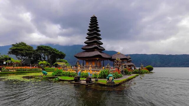 Pagoda at Beratan Water Temple on cloudy day in Bali, Indonesia 