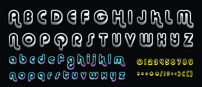 Neon Outline Alphabet Font Set with Uppercase Lowercase Numbers and Symbols. Modern Rounded Typography Collection. Futuristic Lettering Design