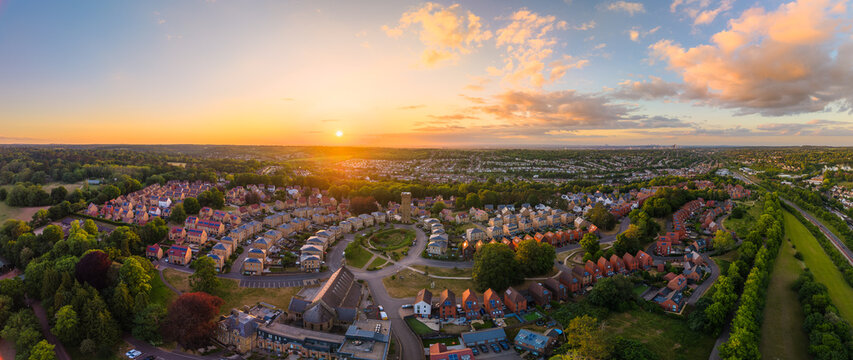 Drone view of Cane Hill estate, chapel and water tower in Coulsdon