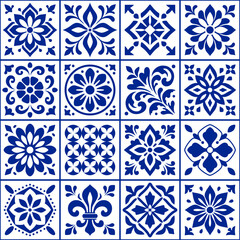 Ceramic tile seamless pattern. Blue mediterranean patterns. Portugal mosaic. Floor majolica. Italian background. Azulejo patern. Portuguese cobalt tiles. Iberian composition tile. Vector illustration © Omeris
