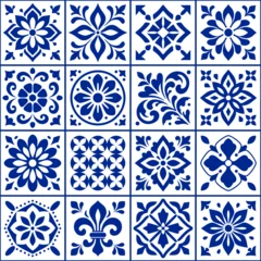 Fotobehang Portugal keramische tegels Ceramic tile seamless pattern. Blue mediterranean patterns. Portugal mosaic. Floor majolica. Italian background. Azulejo patern. Portuguese cobalt tiles. Iberian composition tile. Vector illustration  © Omeris