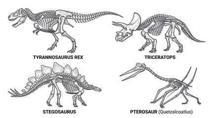 Dinosaur Skeletons: Tyrannosaurus Rex, Triceratops, Stegosaurus, Pterosaur © Yunan