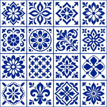Ceramic tile seamless pattern. Blue mediterranean patterns. Portugal mosaic. Floor majolica. Italian background. Azulejo patern. Portuguese cobalt tiles. Iberian composition tile. Vector illustration
