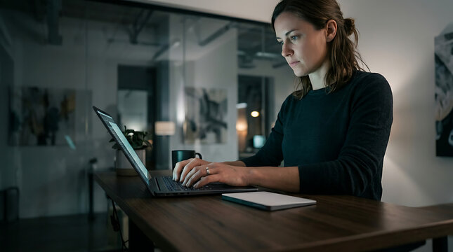Young woman working on a laptop in a modern office at night, focused on her tasks