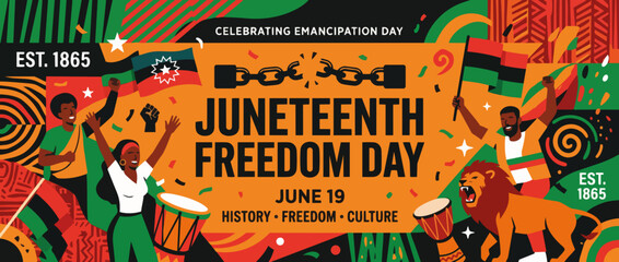Fototapeta premium Juneteenth Freedom Day banner with people playing drum and lion. Flat design vector illustration with broken handcuffs