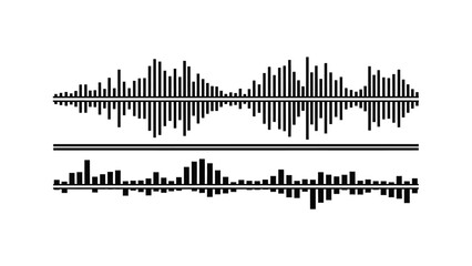 Obraz premium Digital Audio Waveform with black sound frequency bars on a clean white background ideal for music production, podcasting, and audio editing software interfaces.