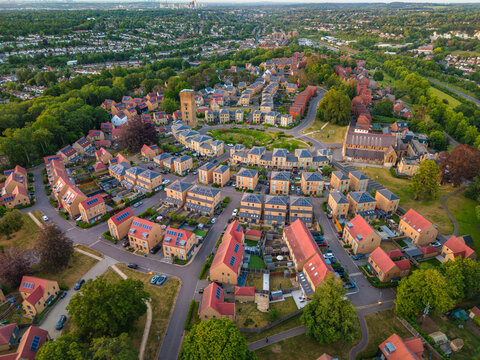 Drone view of Cane Hill estate, chapel and water tower in Coulsdon