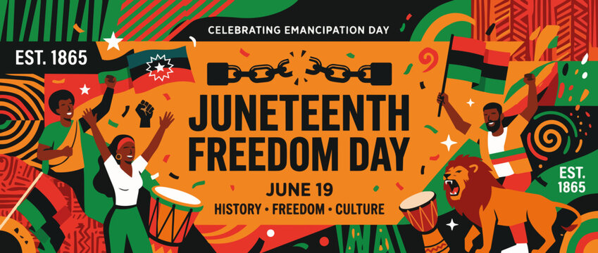 Juneteenth Freedom Day banner with people playing drum and lion. Flat design vector illustration with broken handcuffs