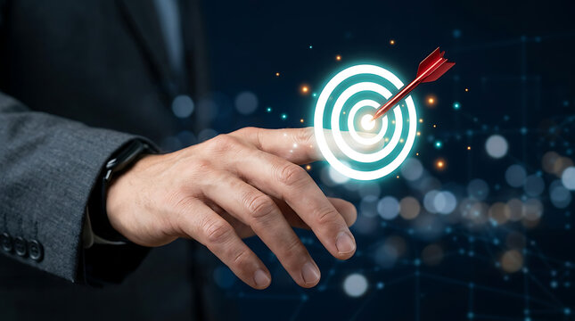 Man's hand reaching out to a glowing target with an arrow in the bullseye, symbolizing success and achievement