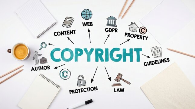 Copyright and legal protection of intellectual property online with law and protection symbols.