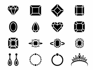Collection of diverse gemstone icons including rings earrings and tiaras in a clean flat vector style for jewelry design and luxury branding © Saqib1022