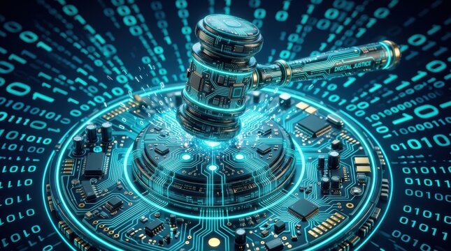 Gavel on motherboard circuits representing digital justice and legal technology innovation.