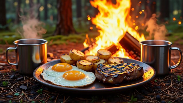 plate food set front campfire forest plate black has two fried eggs next plate two stainless steel mugs right side steak grilled edges side potatoes fire burning brightly orange yellow flames