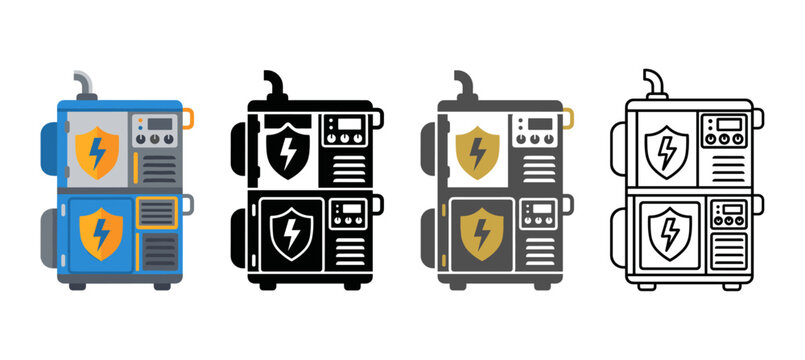 Electrical Generator Safety Icon with Generator Protection, Shield and Security Symbol in Flat, Silhouette, Outline and Glyph Design