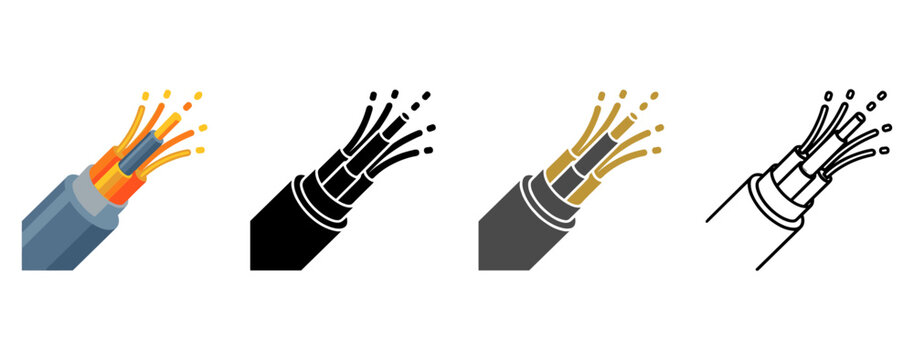 Communications Engineering Icon with Fiber Optic Cable Data Network and Signal Symbol in Flat, Silhouette, Outline and Glyph Design