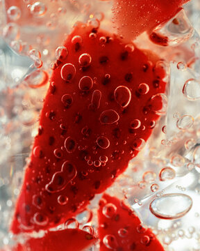 Strawberry macro bubbles fresh soda texture extreme closeup