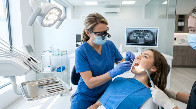 Dentist inspects teeth dental implant isolated on transparent background. Generative AI