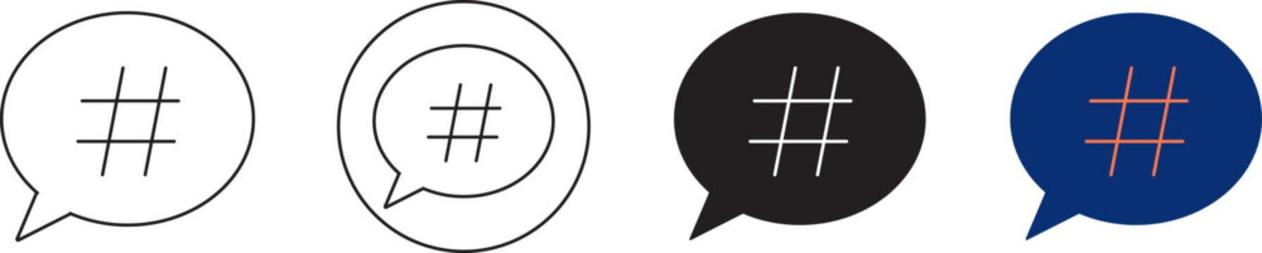 Hashtag symbol inside speech bubbles icons set Vector