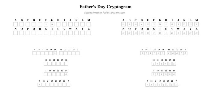 Father's Day cryptogram puzzle sheet with letter substitution  