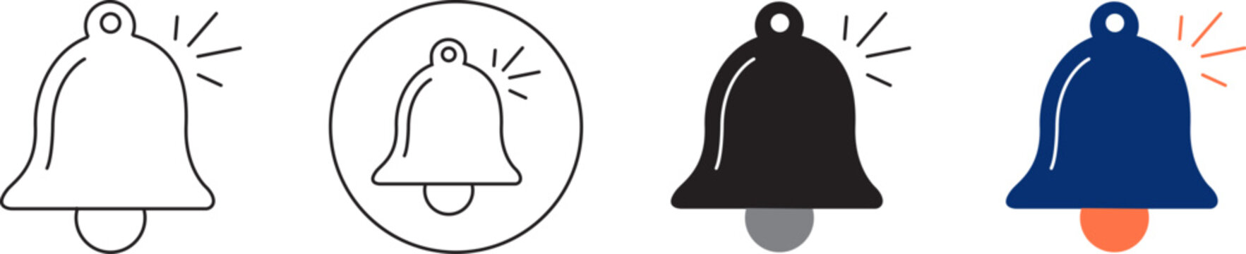 Set of four bell icons in different styles: outline, circular, black, and blue with orange clapper Vector