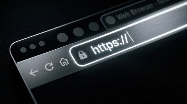 Browser address bar with secure padlock icon showing https protocol highlighted in glowing neon light on dark screen.