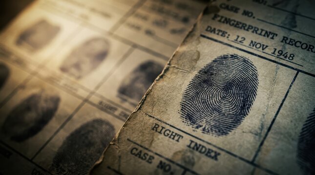 Close-up of a vintage fingerprint record card showing a right index print, dated 1948.