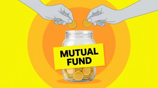 Mutual fund concept with hands putting coins into a jar, depicting investment and saving.