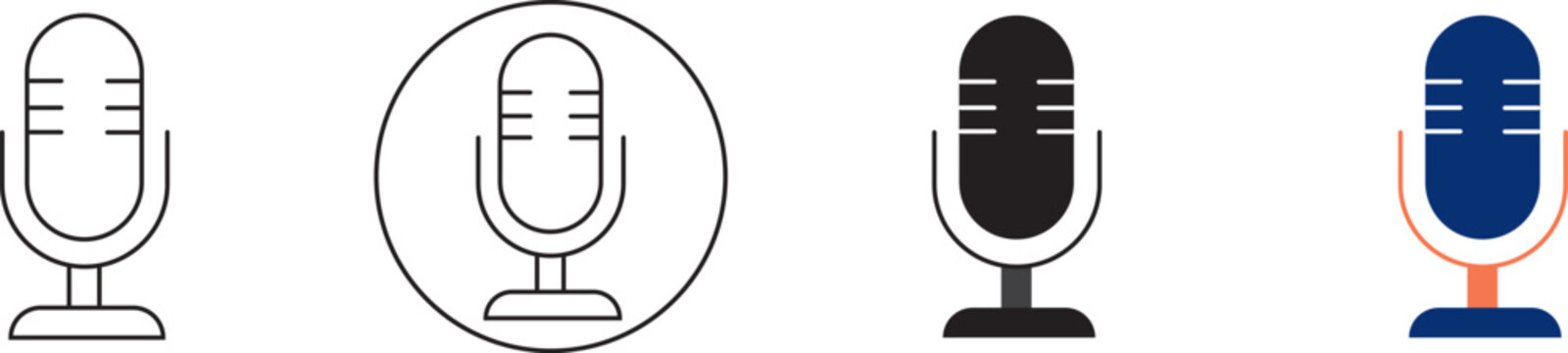 A set of microphone icons in various styles and colors, including line art, solid black, and colored versions.