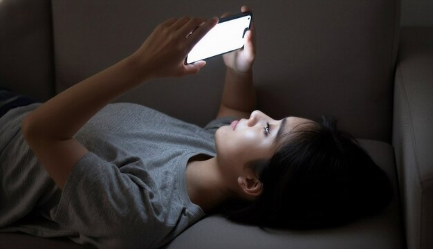 Young woman using smartphone late at night against dark indoor background 
