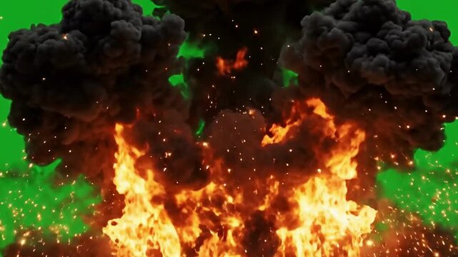 Fire explosion rising from below with flames, smoke, sparks and embers on clean green chroma key background for VFX compositing.
