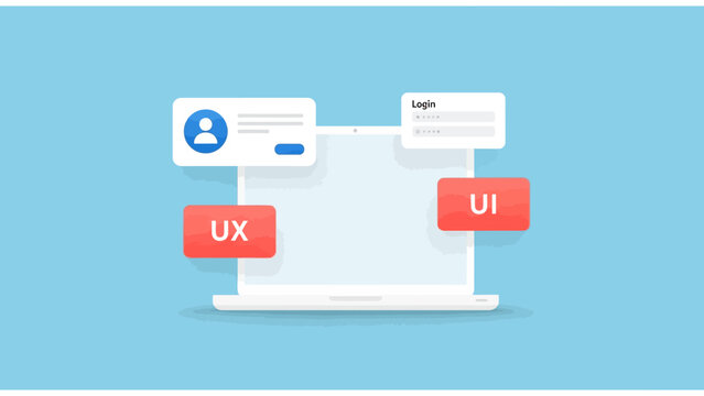 Modern UI UX Design Concept featuring a 3D minimalist laptop with floating interface elements and login cards on blue background, ideal for web development agencies and perfect for digital marketing.