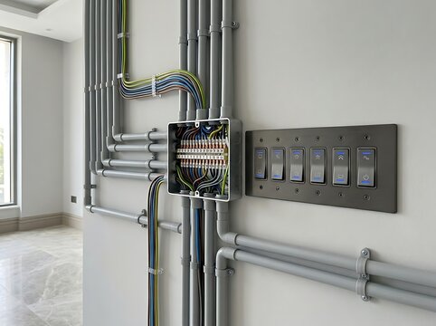 Exposed electrical conduit wiring installation with a modern smart switch panel on a light grey wall in a contemporary interior design