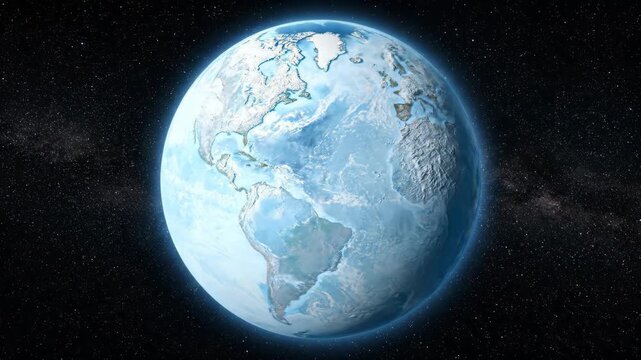 A visual metaphor of global cooling showing planet Earth completely freezing over into a solid white ice ball. Oceans and continents disappear beneath a thick layer of snow and glaciers in deep space.