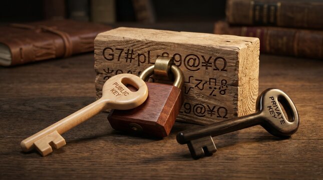 Public and private keys with a padlock and symbolic wooden block for asymmetric data encryption and cryptography concept