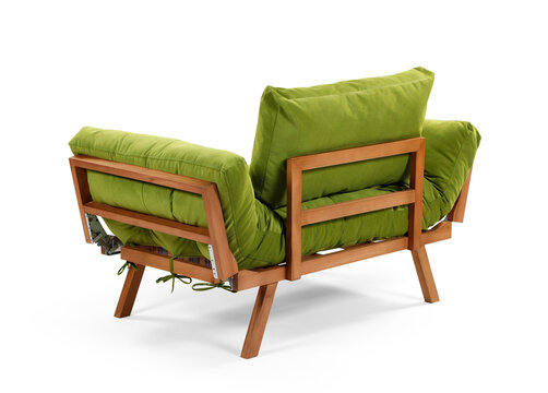 Modern Green Sofa Bed with Adjustable Folding Armrests and Wood Frame . back view