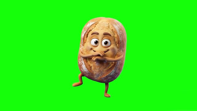 A playful 3D animated crusty artisan loaf of bread mascot with large expressive eyes and a goofy face, happily stepping and dancing against a solid chroma key green screen. Perfect for bakery commerci