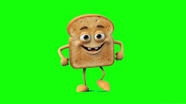 A cheerful 3D stylized slice of toasted white bread mascot with a wide, happy grin and cartoon limbs happily stepping and dancing on a solid green screen backdrop. Excellent graphic asset for bakery a