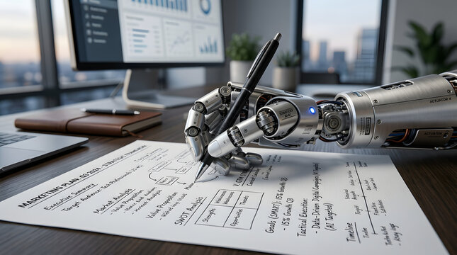Futuristic robotic hand drafting business strategy on paper with digital analytics on screen in modern office. Generative AI
